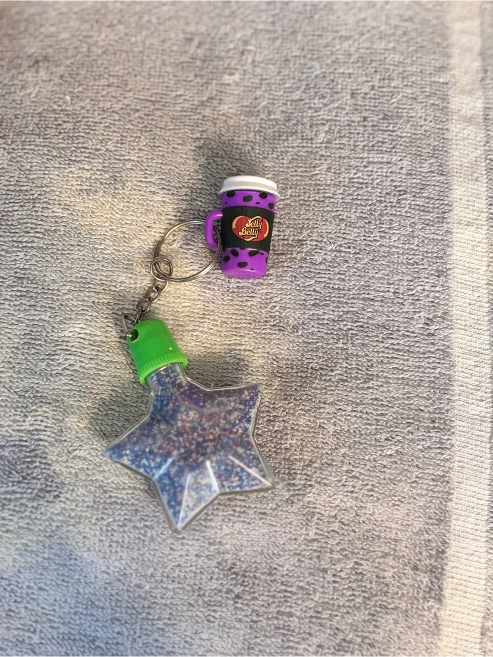 Jelly Belly Boba Milk Tea Mini Cup Keychain with Star Sand Art fill.